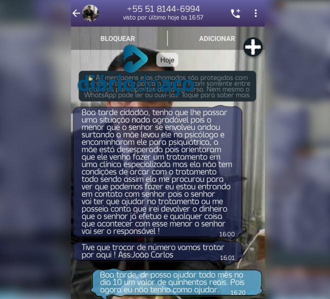 Conversa do golpista com uma das vítimas; quase um mês depois falso delegado pede mais dinheiro 