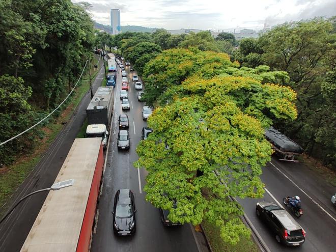 Com a paralisação dos caminhoneiros às margens das pistas da BR-381 em Ipatinga, semana começou com filas, congestionamentos e chuva 
