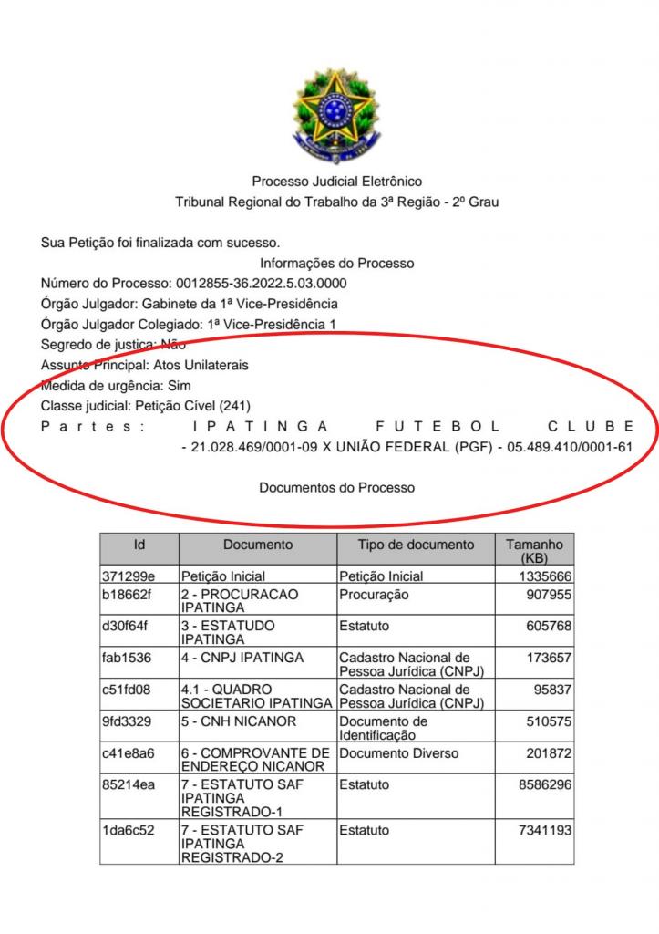 Cópia do documento protocolado pelo Ipatinga no Tribunal Regional do Trabalho