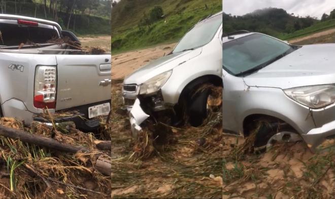 Chevrolet S10 foi encontrada abandonada depois de ser arrastada pela enxurrada na madrugada desta segunda-feira (19/12)
