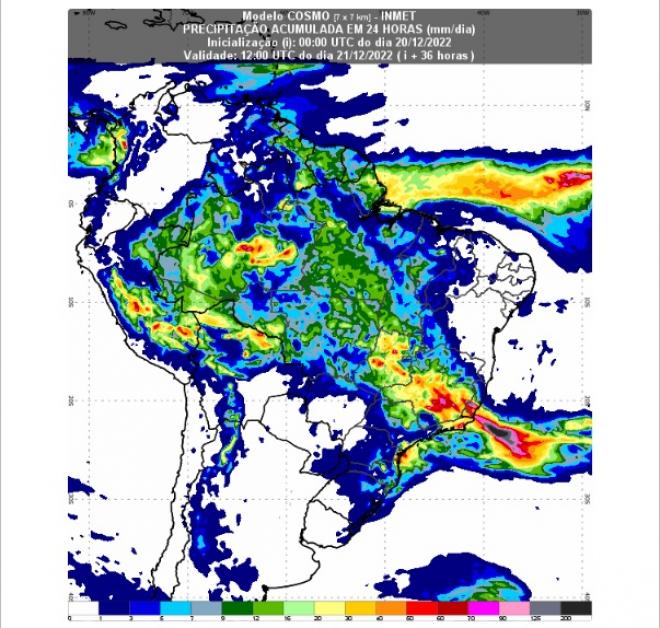 Imagem de satélite mostra área chuvosa nessa terça-feira (20) -  área em amarelo ou vermelho mostra onde incide maior intensidade de chuva
