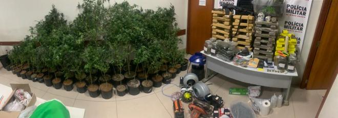 Plantas da Cannabis sativa, com a qual se produz maconha foram apreendidas em estufa no bairro Nova Esperança e as barras foram recolhidas no bairro Parque Caravelas 
