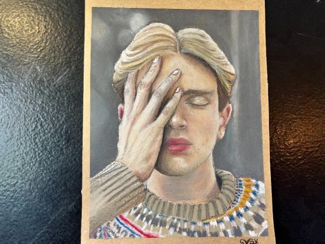 O desenho selecionado para exposição foi intitulado pela artista com o nome ''Pensar''; a obra foi feita com giz pastel oleoso 