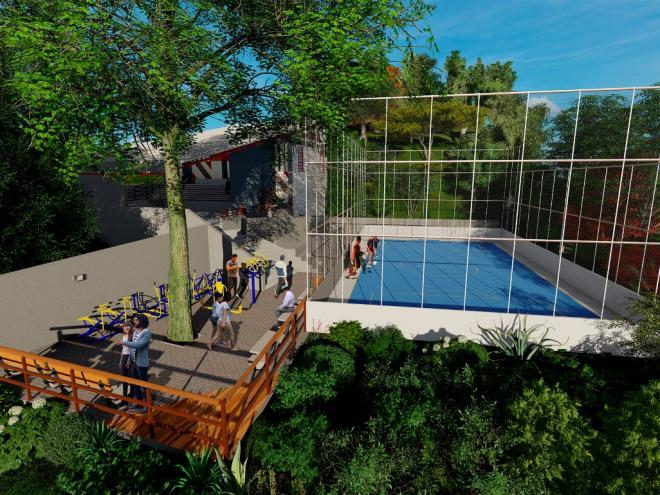 O projeto prevê a construção de quadra academia ao ar livre e mirante no Morro do Tomate 