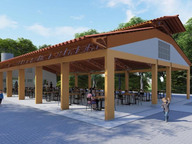 O espaço multiuso integra o conjunto de equipamentos previstos para o Parque Ecológico APA da Biquinha 