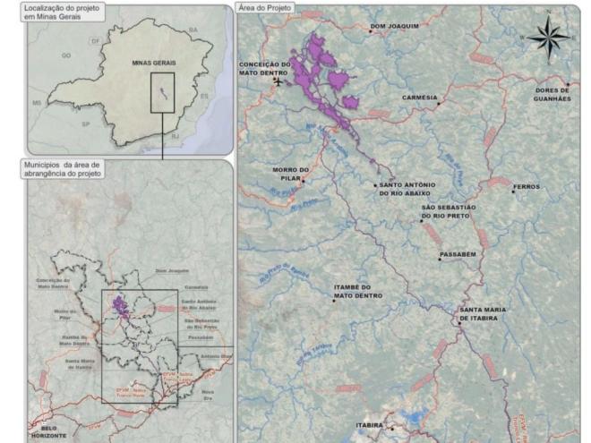 Mapa retirado do relatório apresentado pela Vale mostra as áreas das cavas e a linha do mineroduto