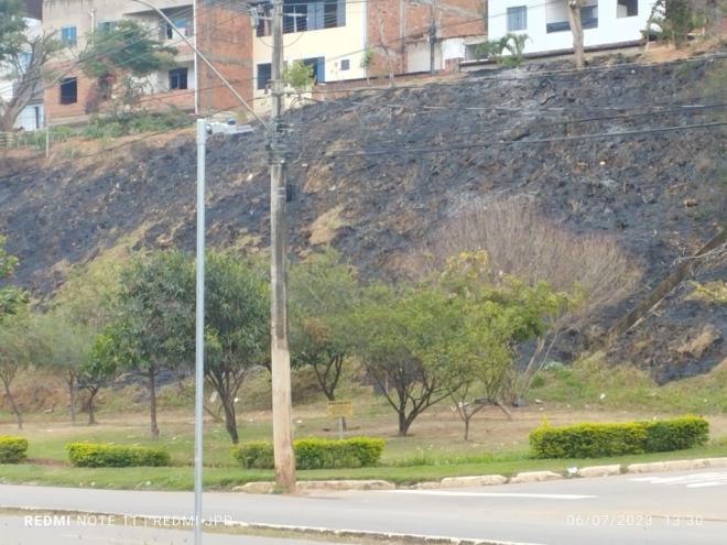 Fotografia, feita por um morador, mostra área de vegetação queimada na avenida José Raimundo, no bairro Granjas Vagalume