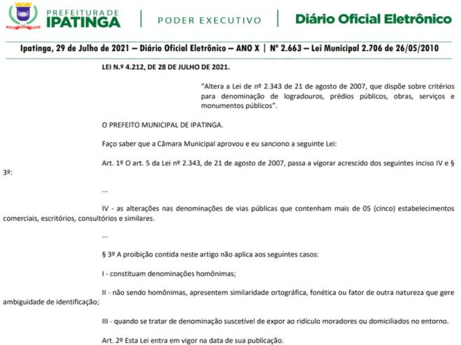 Alteração foi publicada no Diário Oficial Eletrônico no dia 29 de julho de 2021 