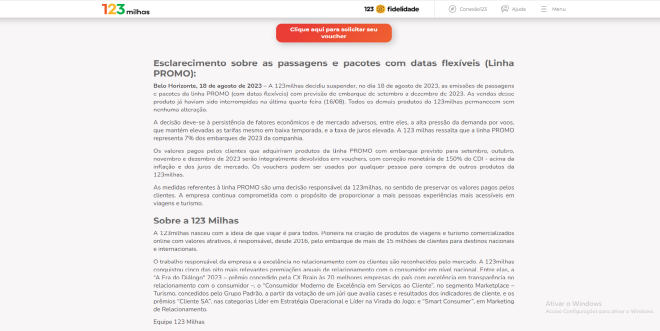 Em seu site, a 123milhas publicou seu esclarecimento sobre a decisão