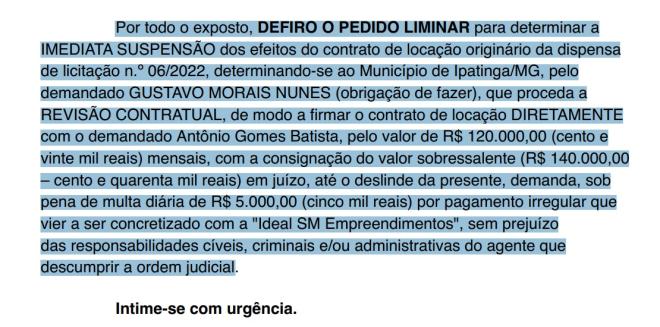 Decisão foi proferida pelo juizo da Vara da Fazenda Pública e Autarquias da Comarca de Ipatinga