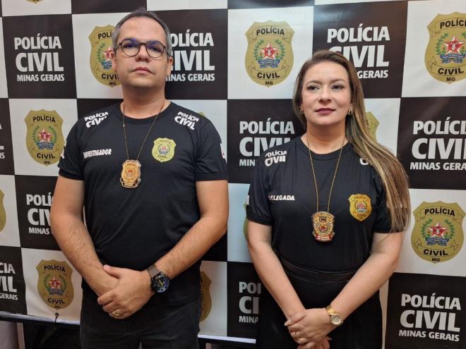 O investigador da Delegacia de Mesquita, Marcelo Martins e a delegada regional, Talita Martins Soares Soares