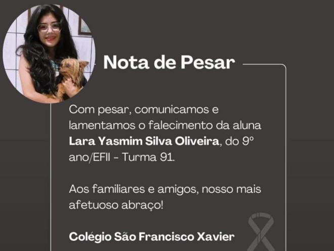 Colégio de Ipatinga onde a menina estudava publica nota de pesar
