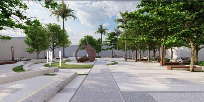 As obras na Praça 1º de Maio começaram na manhã de quarta-feira e esta ilustração é de como ficará o local