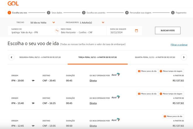 Simulação de uma compra de passagem do voo entre Confins e Vale do Aço, por meio do site da GOL