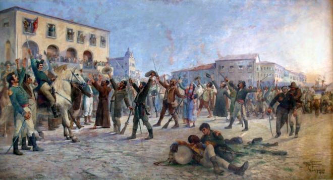 O Primeiro Passo para a Independência da Bahia. A obra narra a reação de Vila de Cachoeira, no Recôncavo Baiano, à agressão das milícias portuguesas, inconformadas com a adesão dos moradores à independência Óleo sobre tela de Antônio Parreiras, 1931