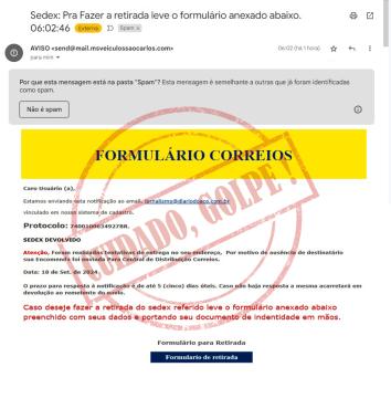Mensagem fraudulenta dos golpistas começa a ser desmascarada ao ser verificado o remetente