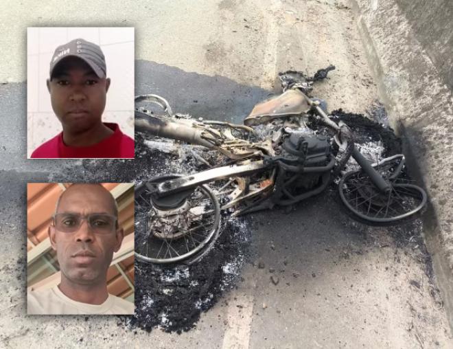 A moto em que estavam os irmãos Reginaldo Batista de Souza, 47 anos e Scharles Antônio de Souza, 40, pegou fogo depois da colisão