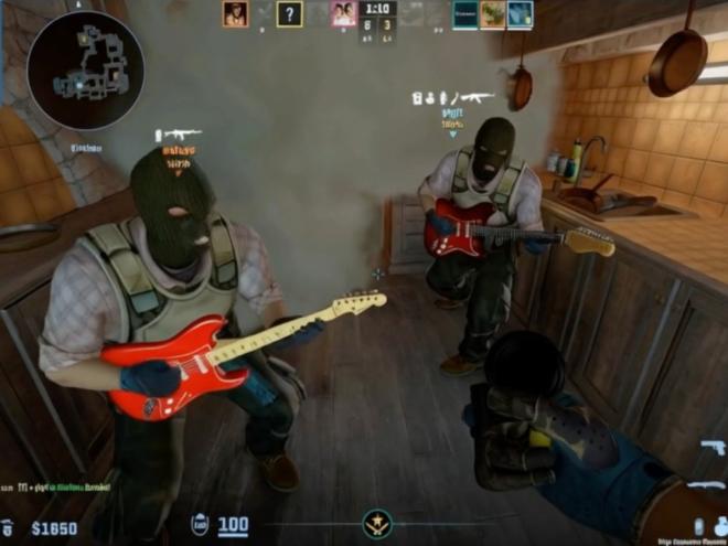 O vídeo relembra jogos dos anos 90, com instrumentos musicais no lugar de armas