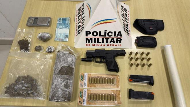 Arma e munição foram encontradas na cintura e no carro do alvo das buscas e a droga foi recolhida em Coronel Fabriciano 