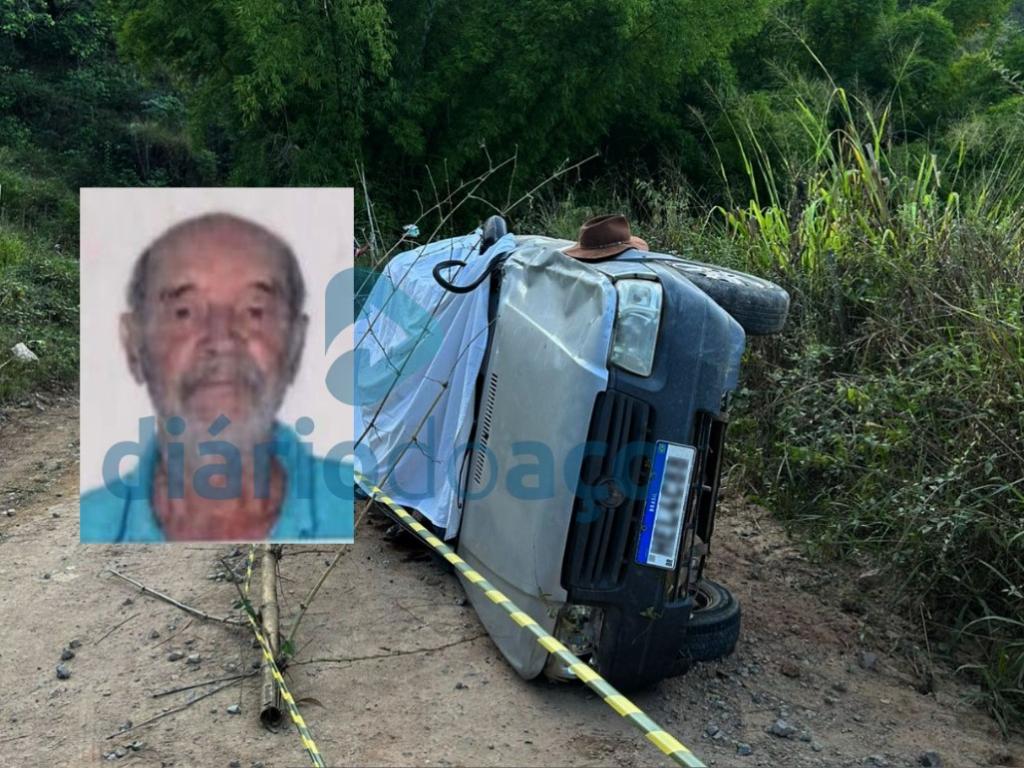 Osmar da Silva, 75 anos, conduzia esse Fiat Uno Mille, quando perdeu o controle, bateu em um barranco e parou tombado pela lateral