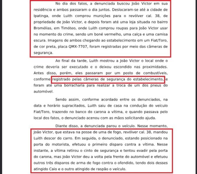 Trecho da denúncia detalha uma das provas do envolvimento dos dois réus na trama que resultou na morte da vitima