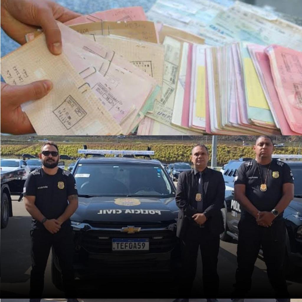 Documentos e cheques apreendidos e a equipe da Depol de Matipó, envolvida na investigação do caso 