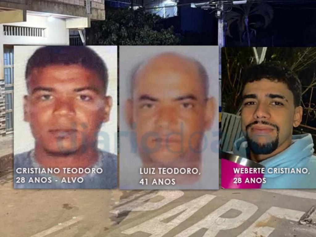 À esquerda, Cristiano Teodoro, que a polícia acredita que fosse o alvo do atirador, Luiz Teodoro (no meio), tio de Cristiano e Weberte da Silva