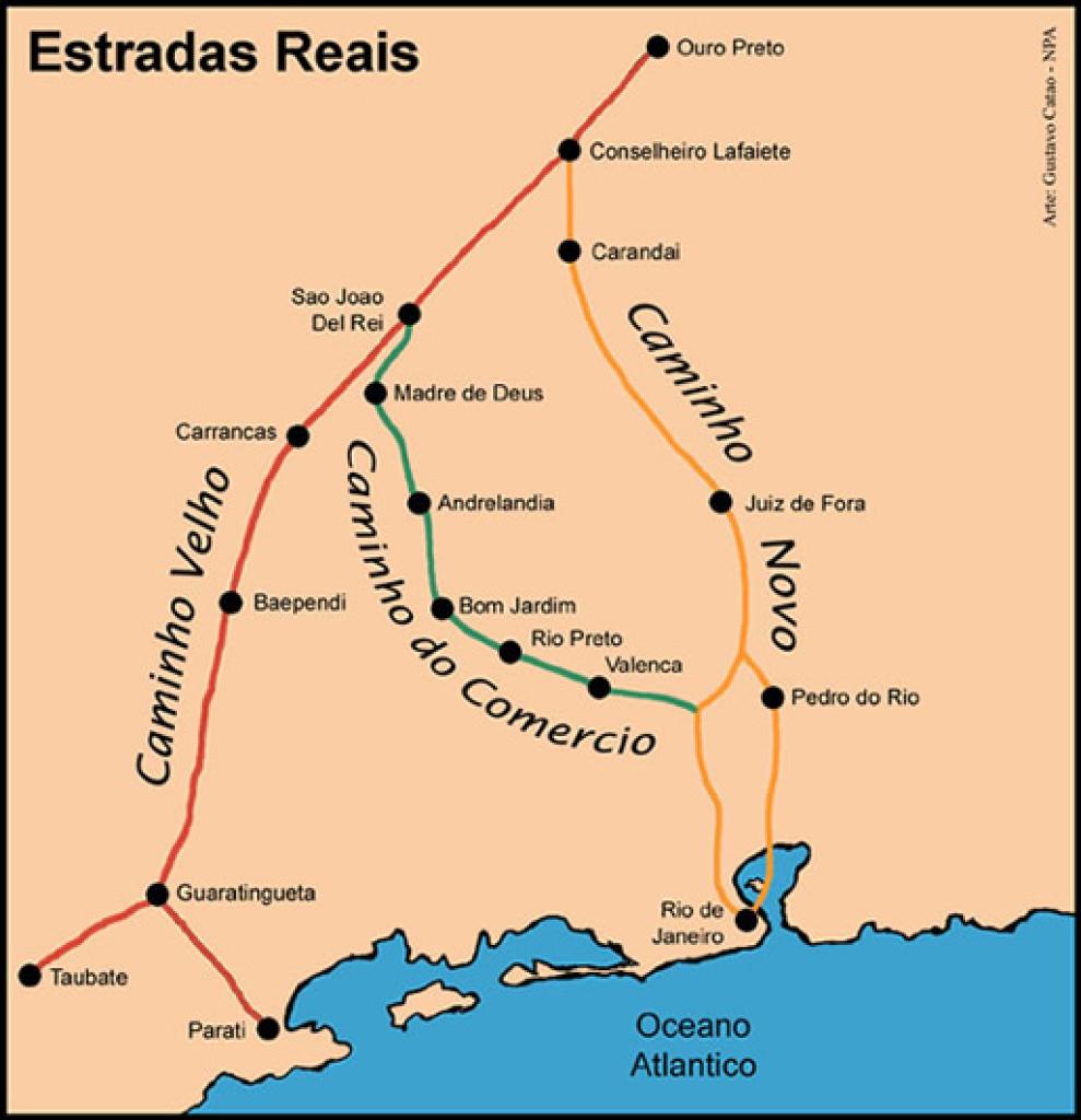 Ilustração que indica o trajeto das Estradas Reais entre Minas Gerais e Rio de Janeiro