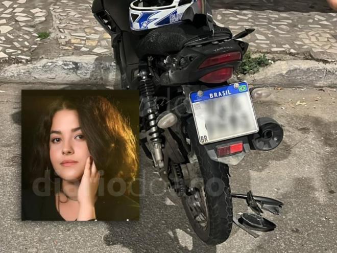 Clarice era condutora dessa motocicleta, que foi atingida por um carro cujo motorista fugiu do local do acidente fatal