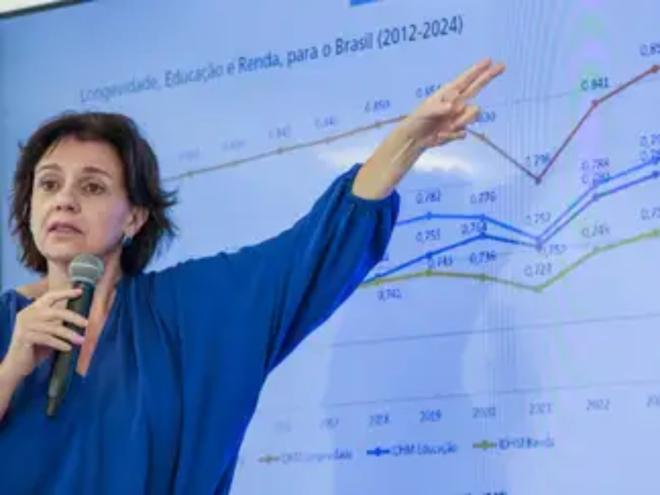 A coordenadora da Unidade de Desenvolvimento Humano do PNUD, Betina Barbosa, durante coletiva sobre o Radar IDHM: Evolução do IDHM e seus componentes de 2012 a 2024 Foto: Fabio Rodrigues-Pozzebom/ Agência Brasil
