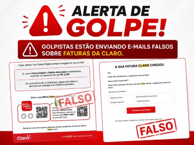 Mensagens enviadas por e-mail e WhatsApp simulam cobranças de empresas como Claro, Vivo e TIM e podem resultar em prejuízo financeiro e roubo de dados pessoais