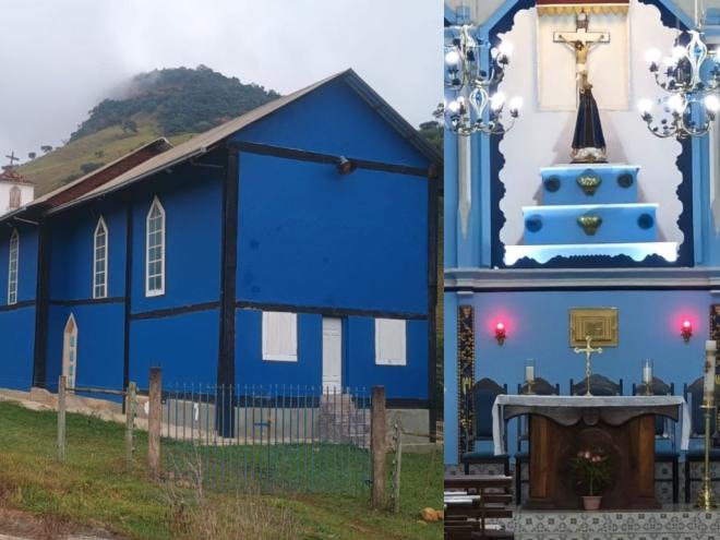 A nova pintura da igreja é foi feita na cor azul, o que gerou reclamação dos moradores 