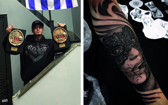Nanais exibe seus dois prêmios e a tatuagem vencedora