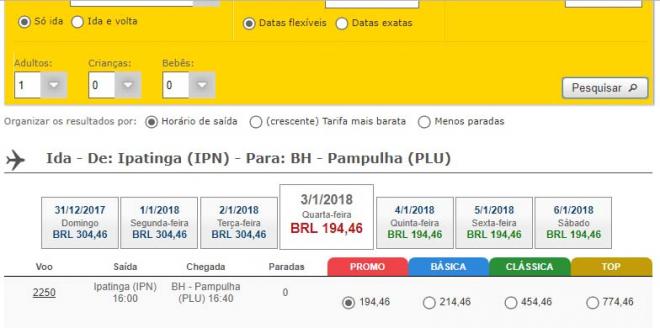 Valor da passagem Vale do Aço /Pampulha, para embarque em Janeiro /2018 