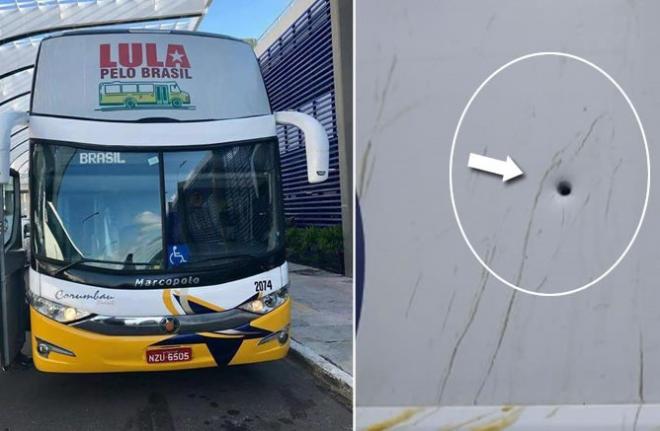 Resultado de imagem para Fotos dos onibus do lula perfurados
