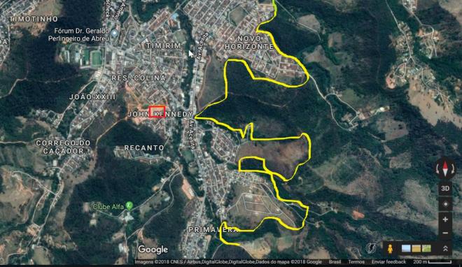 A área destacada em amarelo indica as divisas da APA Serra de Timóteo. Já a área destacada em vermelho é referente ao local do loteamento