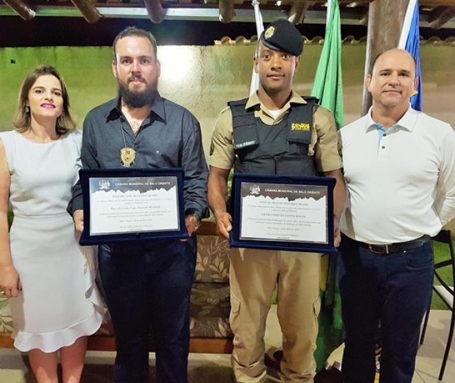 A presidente da Câmara, Nacife Menezes; Marcelo Machado; cabo Fábio; e o prefeito Hamilton Rômulo