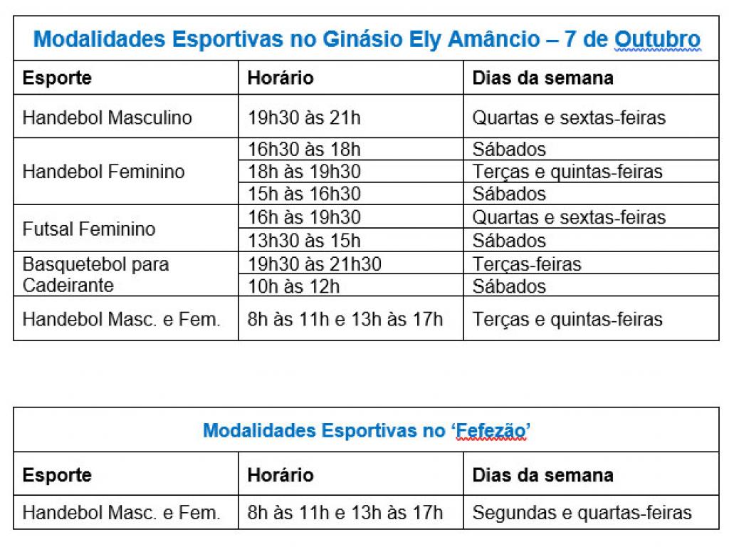Confira os dias e horários para a prática dos esportes