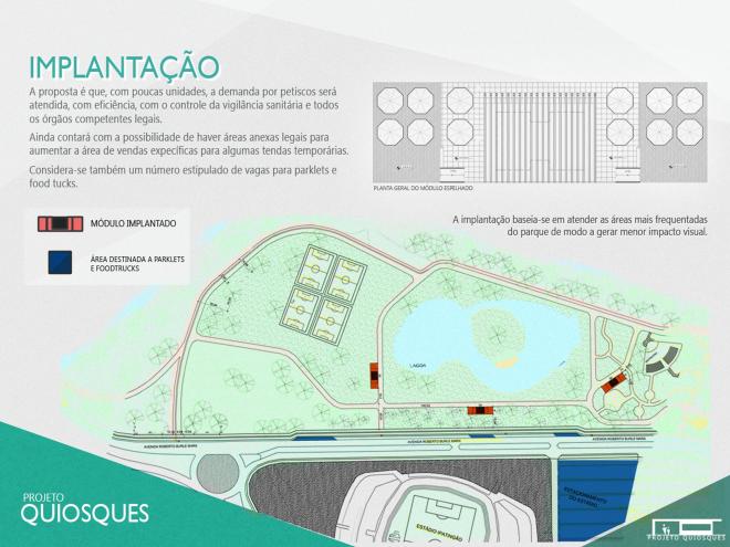 Localização dos novos quiosques; a atual área ocupada pelas barracas será transformada em calçada para pedestres, compartilhada com ciclistas  