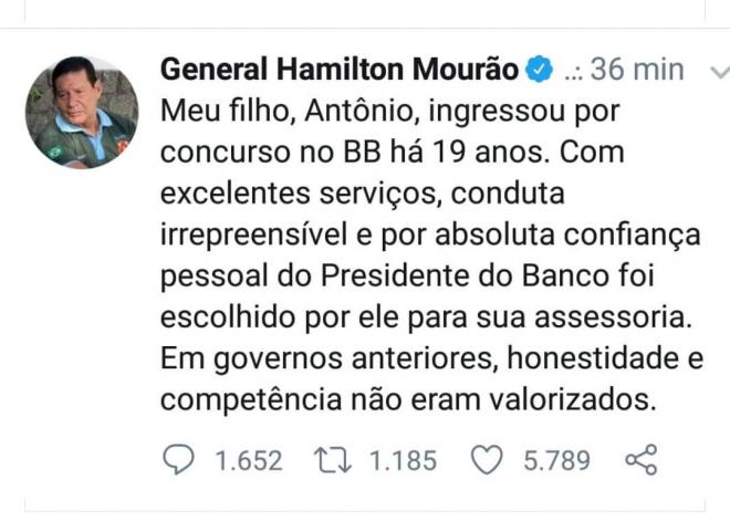 Nas mídias sociais, Mourão defende o filho
