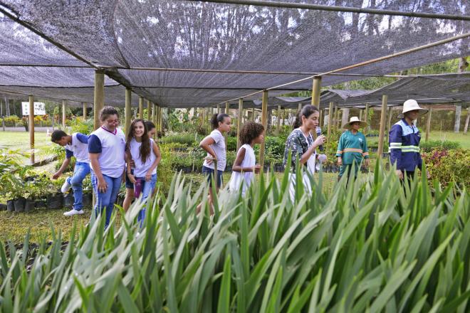 Alunos das escolas são guiados por um passeio em meio aos canteiros