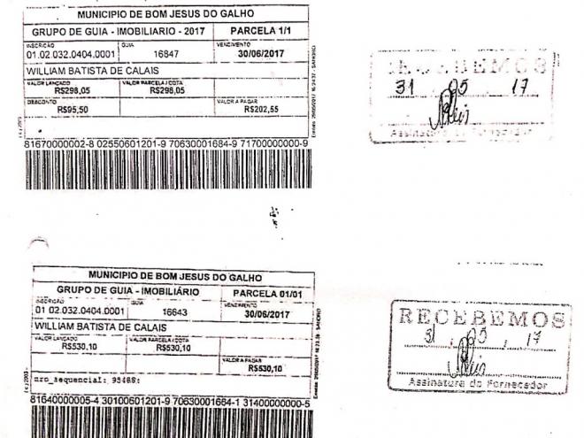 Guia emitida em nome de William Calais com carimbo de 'recebemos'
