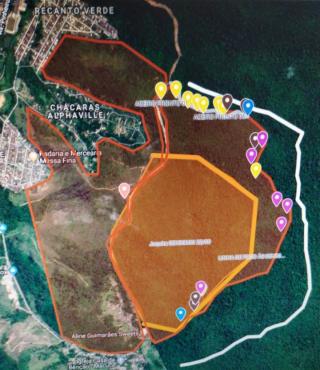 Mapa mostra, em amarelo, área do Perd, atingida pelo incêndio e, no entorno, áreas da zona de amortecimento, também atingida pela queimada;  polícia investiga origem do fogo 