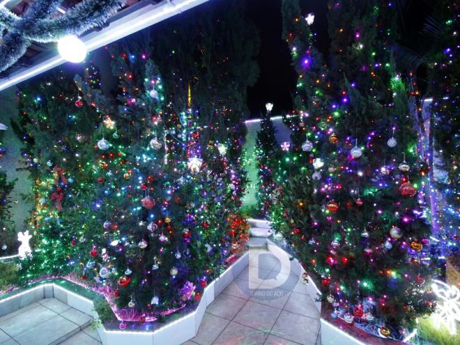 No local, jardim e fachada da casa receberam enfeites especiais para o Natal 