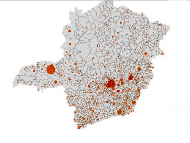 Manchas no mapa mostram a concentração dos casos de covid em Minas Gerais 