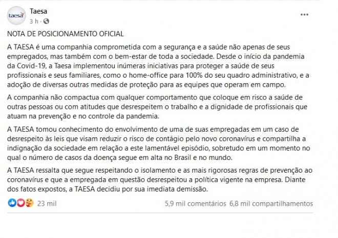 Nota oficial publicada na página da Taesa 