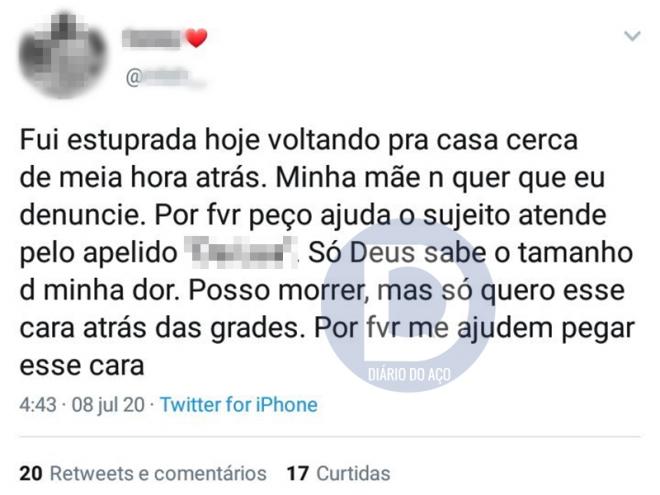 A mensagem desesperada enviada pela vítima no seu perfil do Twitter