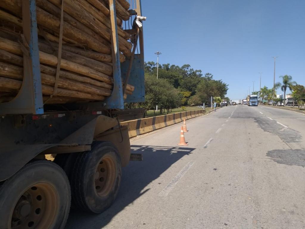 Ao atravessar o canteiro central motorista bateu nesse caminhão carregado com eucalipto 