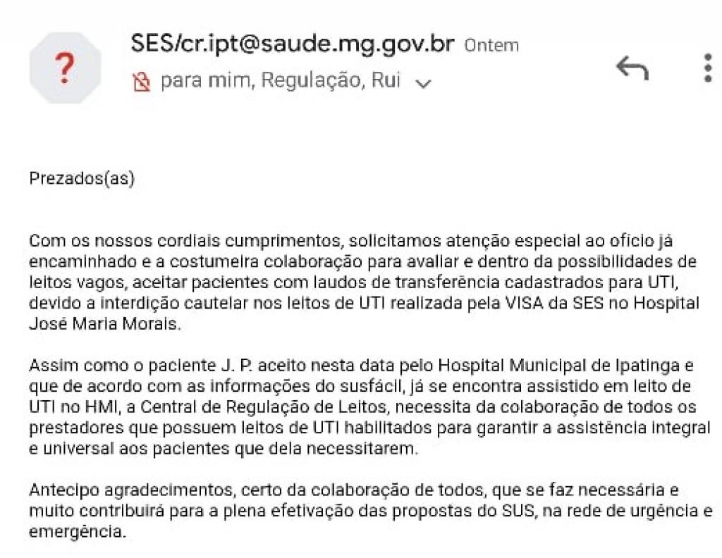 Secretaria de Estado da Saúde enviou ofício à administração de Ipatinga solicitando apoio