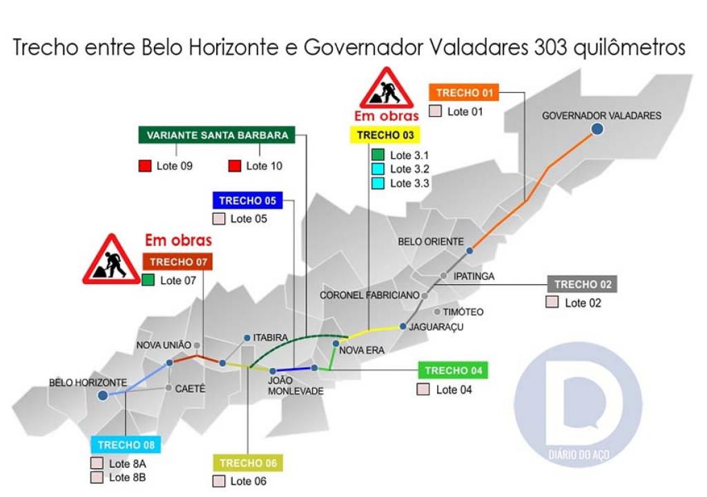 Dos oito lotes da duplicação da BR-381 apenas em dois (3 e 7) estão com obras em andamento